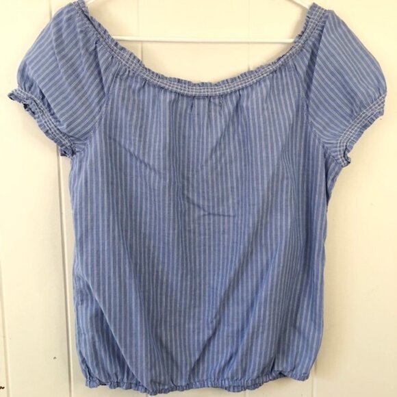 Hollister Blue & White Blouse with Lace Detail and Elastic Neckline Large - Picture 2 of 9